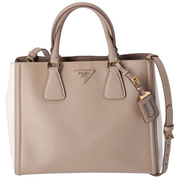 PRADA Triangle Logo Tote Bag Gray Beige White Saffiano Leather - Picture 1 of 9